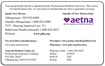 Back of a Presbyterian insurance card showing contact information. Includes Albuquerque phone 505-923-6980, Aetna Signature Administrators logo for use outside New Mexico, and pharmacy details: RxBin 610593, RxPCN SXC, and RxGrp PHS.
