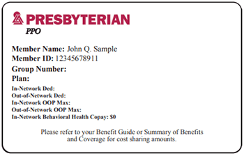 Front of a Presbyterian PPO insurance card for member John Q. Sample. Includes Member ID 12345678911 and a section for the Plan.